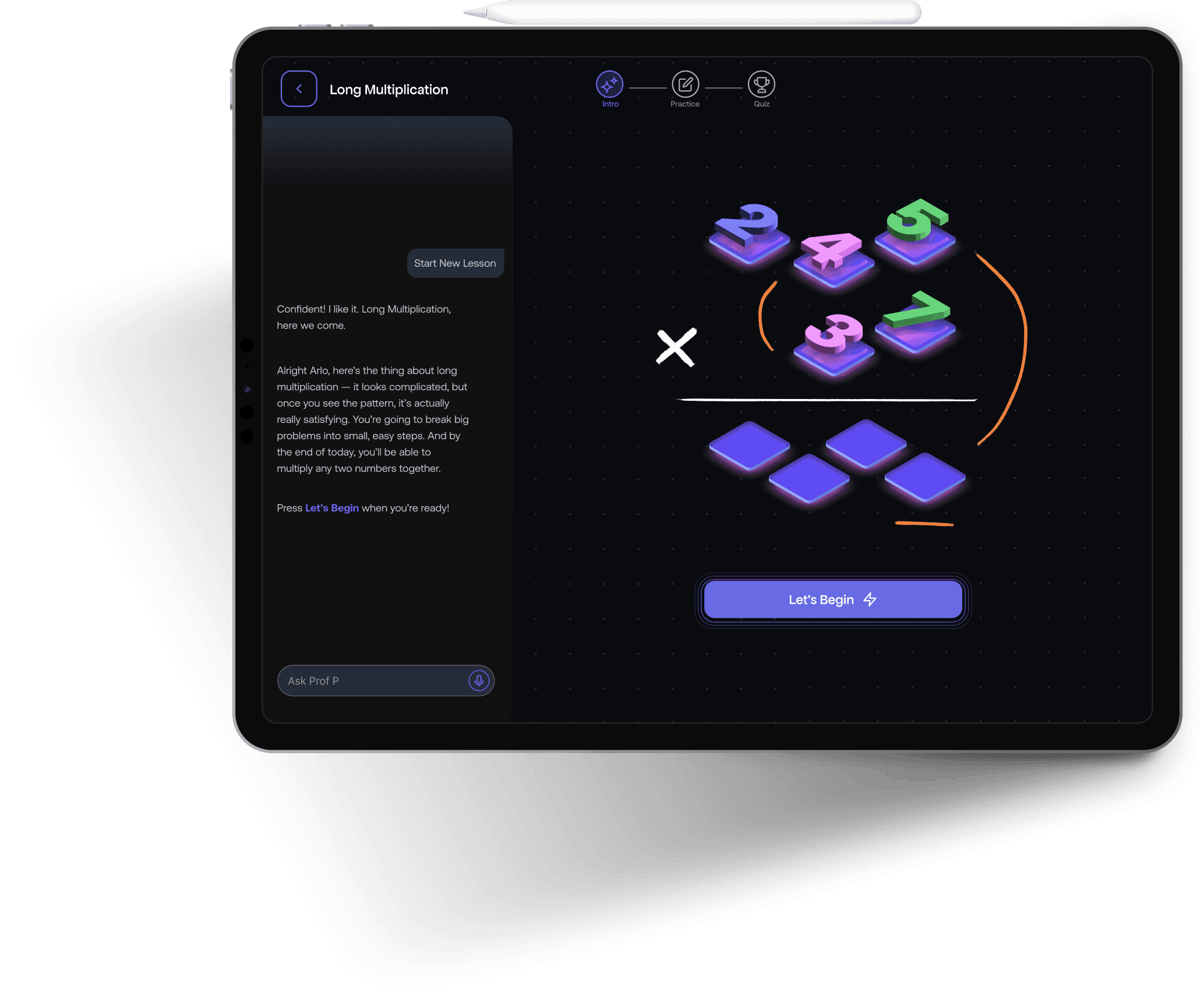 iPad Pro showing ARLOS lesson screen with Apple Pencil
