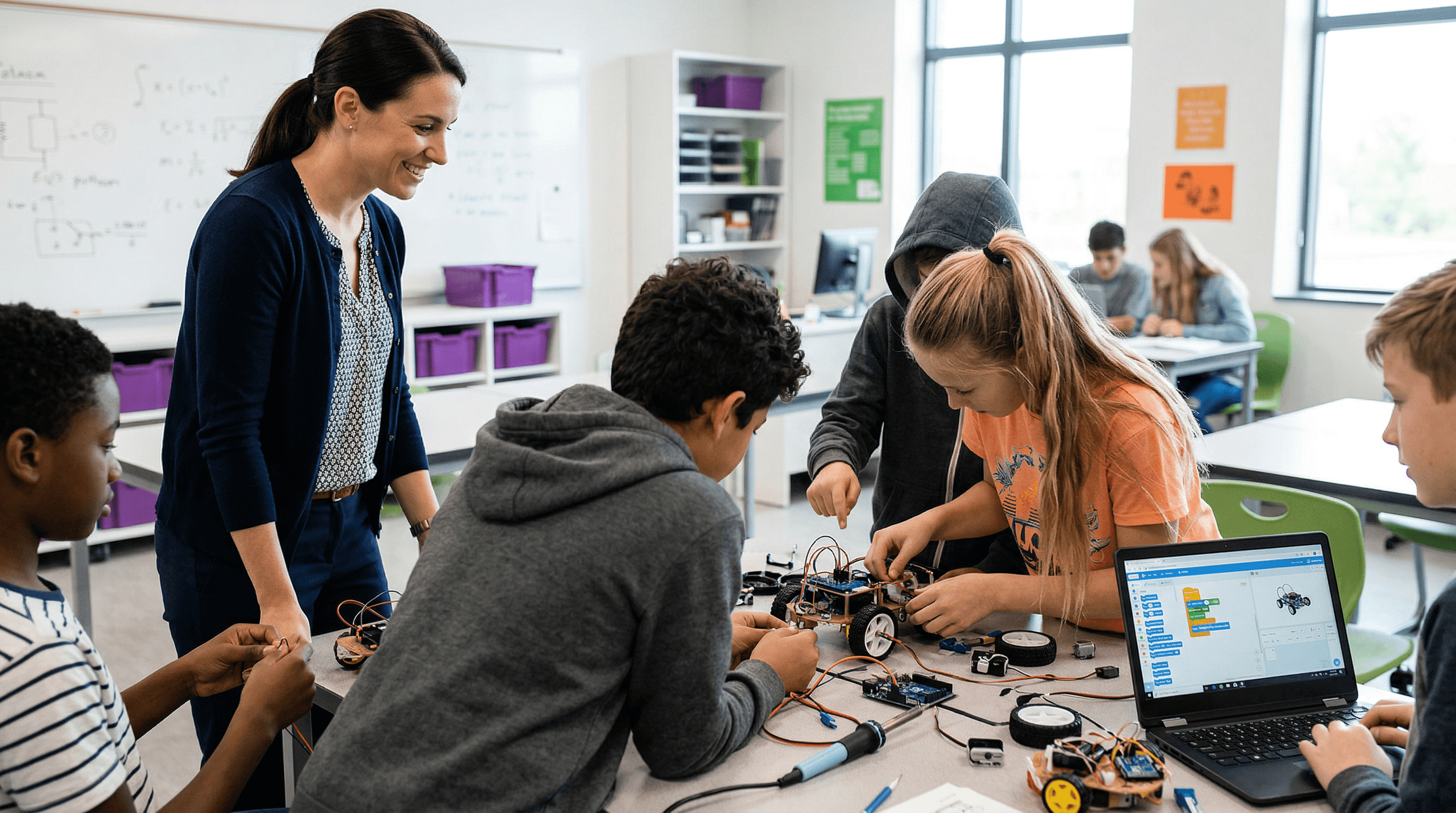 Students collaborating on a project with technology