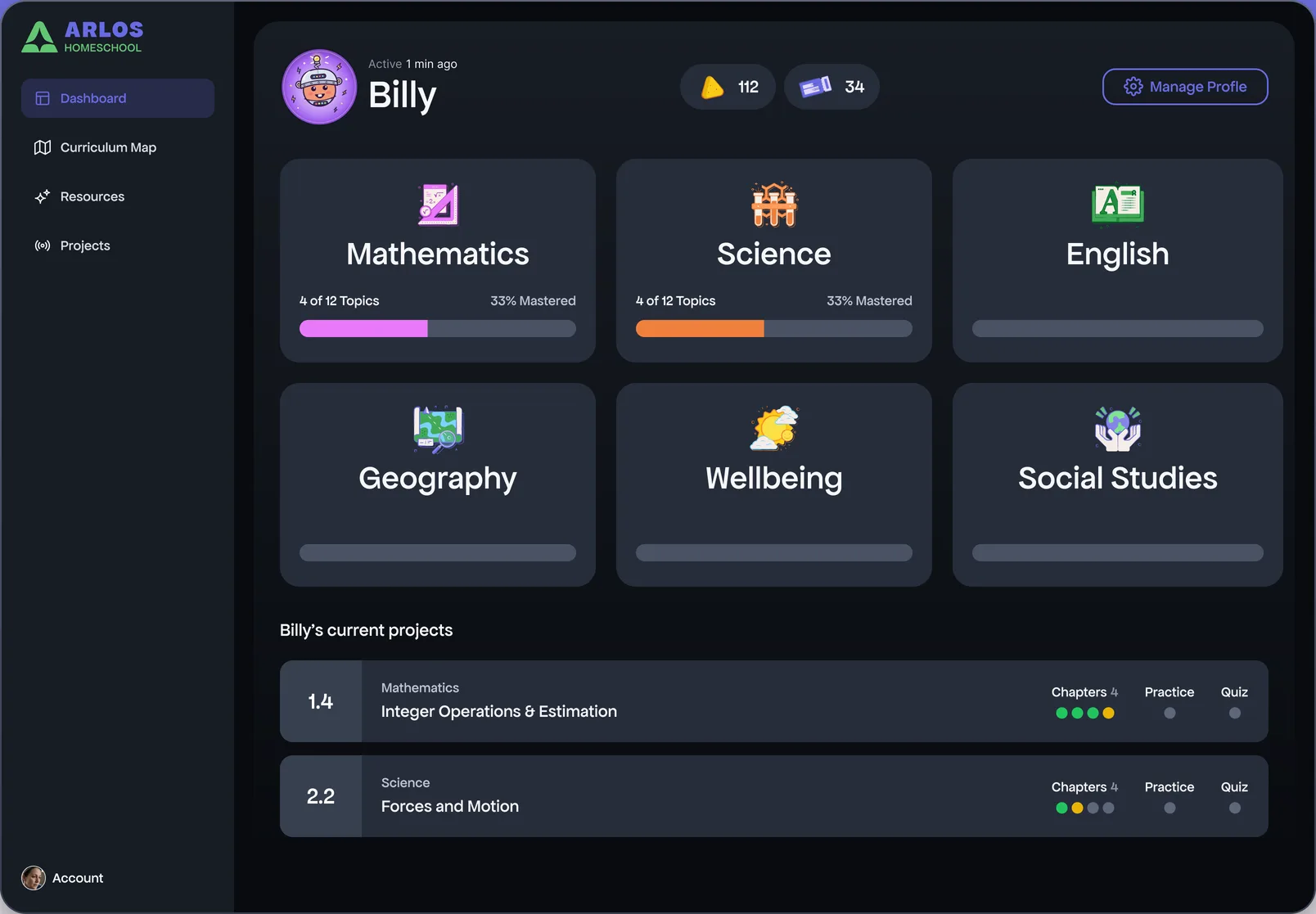 The ARLOS home screen on a child's account: six subject cards with live progress