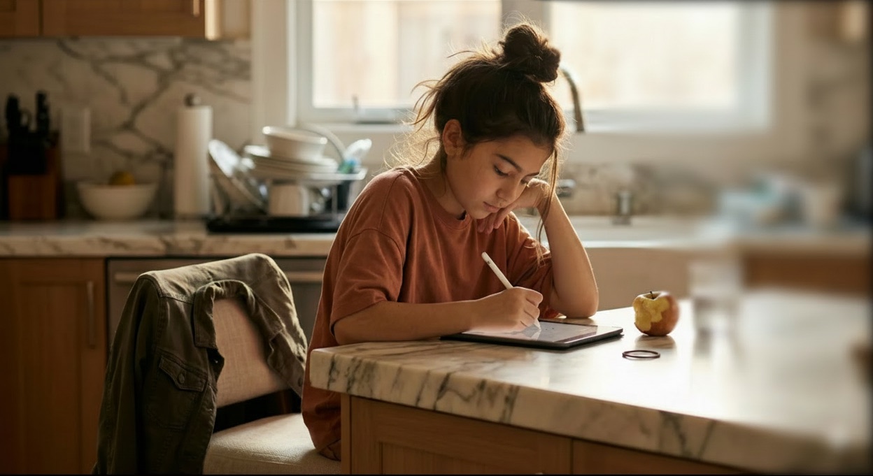 A Year 8 student writing on a tablet at the kitchen table