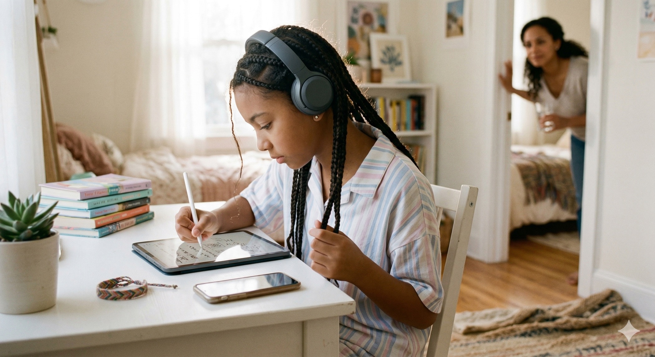 A child studying on a tablet with headphones while their parent looks in from the doorway