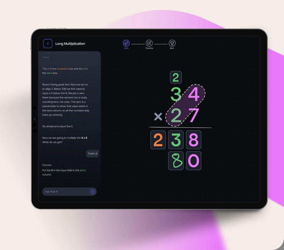 An ARLOS voice lesson on a tablet: Professor Pythagoras guides long multiplication