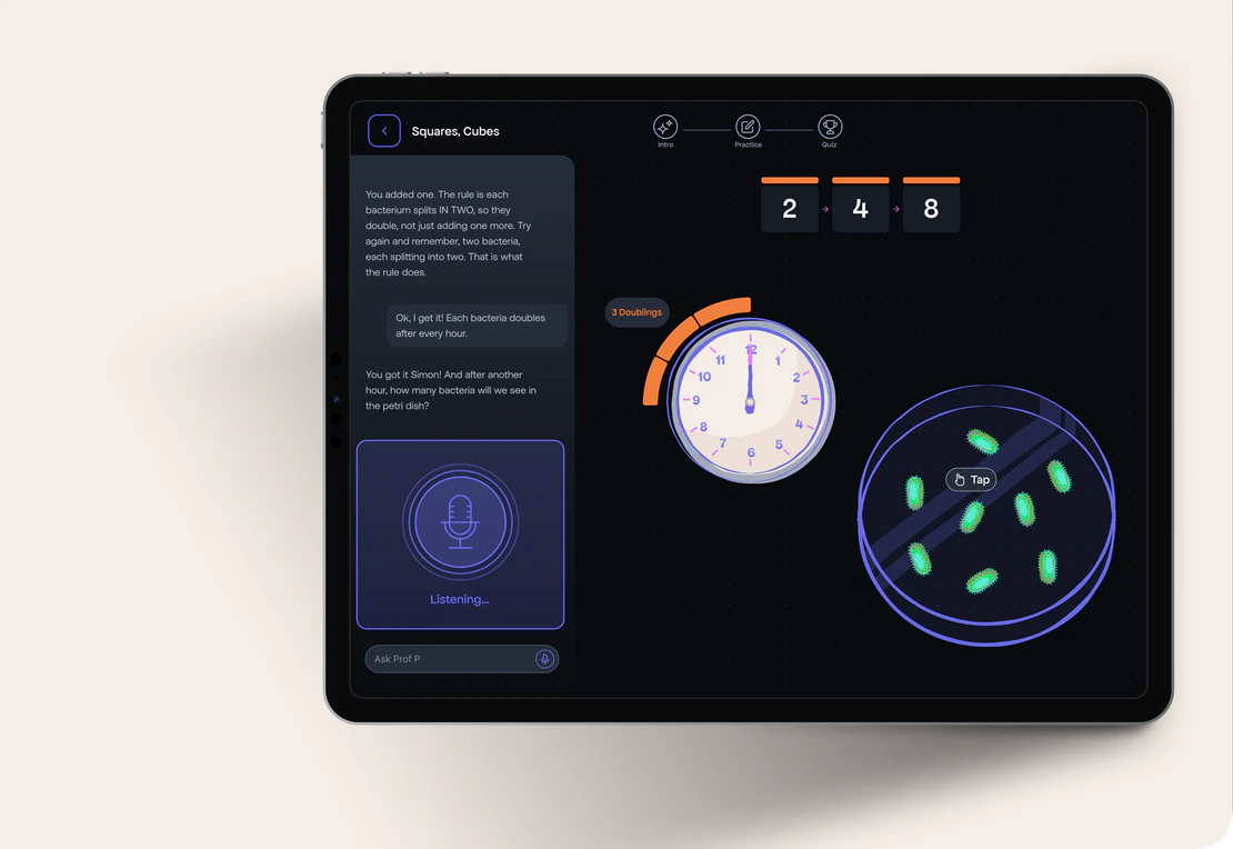 An Intro lesson: a petri dish of doubling cells, a clock, and Prof P listening for the answer