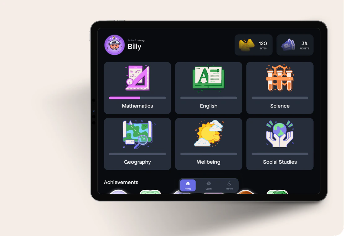 A child's ARLOS home: subject cards with progress bars, Bytes and Tickets