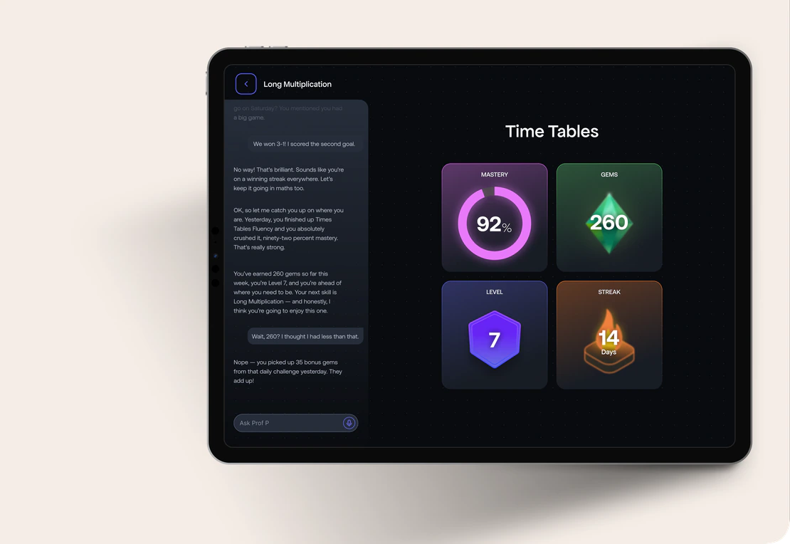The end of a lesson: mastery ring, gems, level and streak