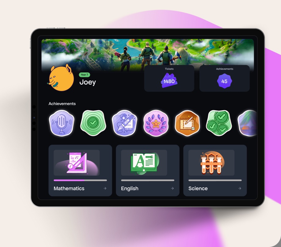 A child's ARLOS profile with badges, gems and avatar
