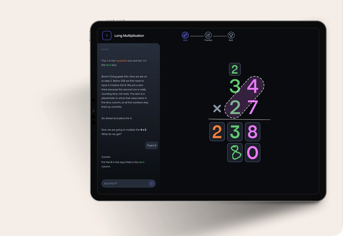 A voice lesson on the tablet: Prof P talks a child through long multiplication