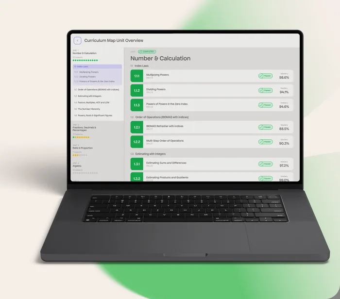 The Curriculum Map on a laptop, showing mastery for every Cambridge objective