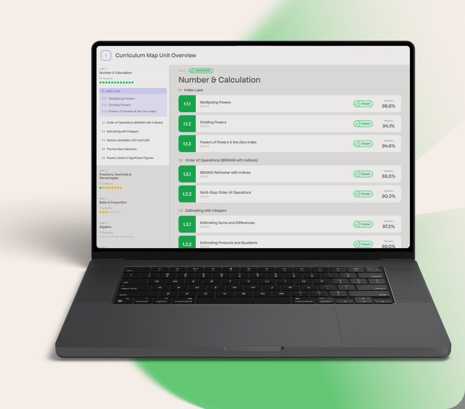 The Curriculum Map on a laptop, showing mastery for every Cambridge objective
