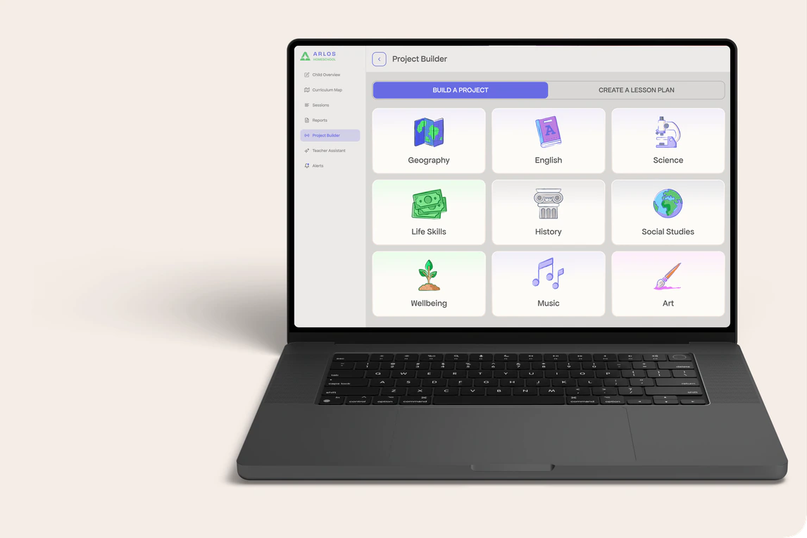 The Project Builder in ARLOS Studio: pick a subject, build a project or lesson plan