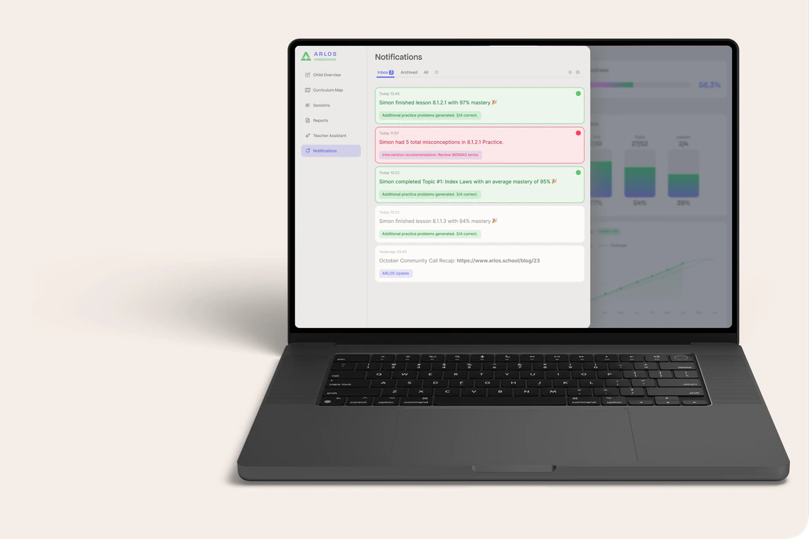 Notifications in the Parent Dashboard: a misconception alert with a recommended intervention